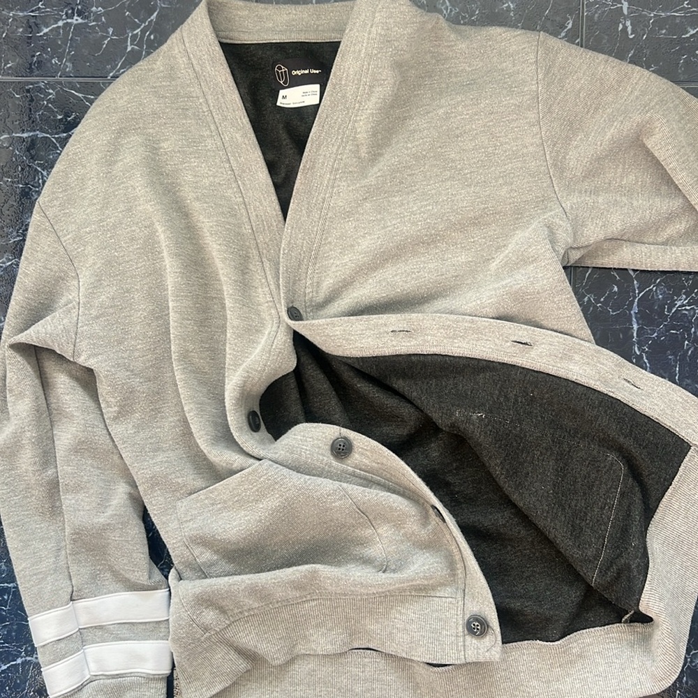 Gray Button-Up Cardigan with Striped Sleeves